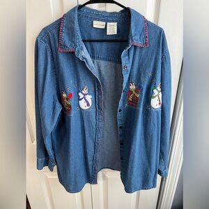 White‎ Stag Vintage Snowman Embroidered Denim Button Up Women's Size 16W